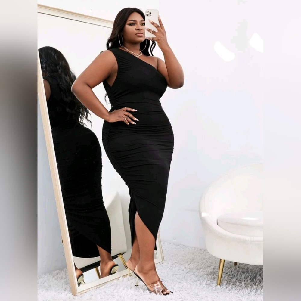 Shein Curve One-Shoulder Ruched Midi Dress, 0XL